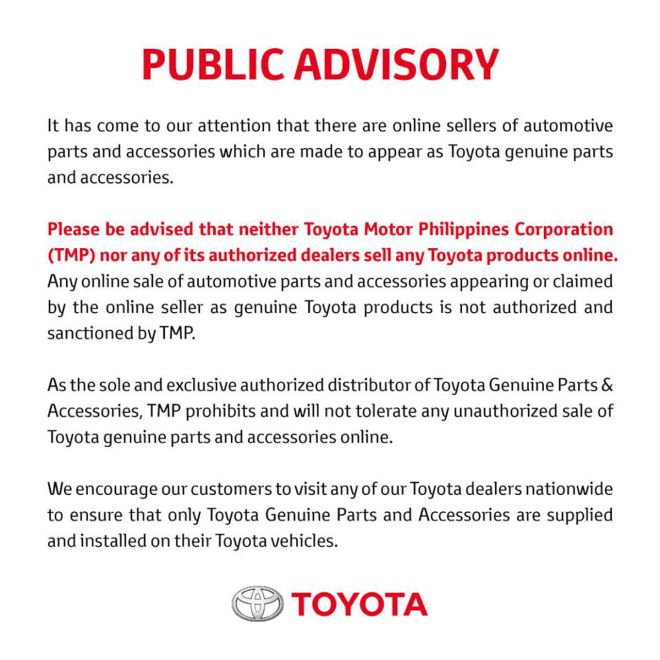 Toyota PH warns public not to buy &ldquo;genuine&rdquo; Toyota parts online image