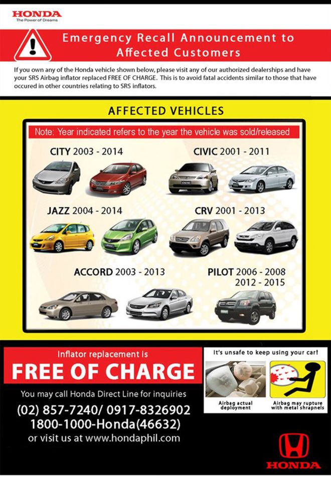 Honda Cars PH reminds customers to replace faulty airbag inflators ASAP image