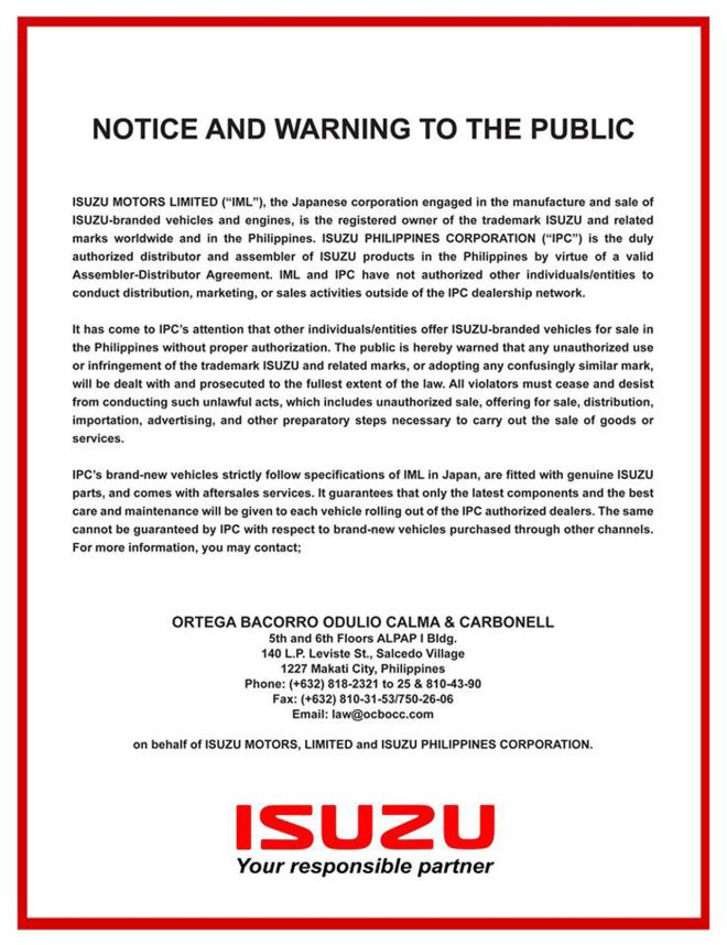 Isuzu PH: Don&rsquo;t buy vehicles from unauthorized sellers image
