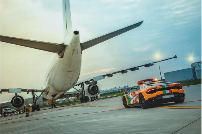 This Lamborghini guides airplanes in Italy for a living image