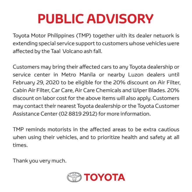 Toyota PH offer 20% discount on parts, services for ashfall-affected cars image