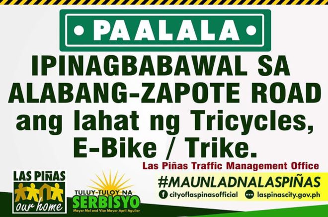 Las Pinas LGU: trikes, e-bikes not allowed on Alabang-Zapote Road image