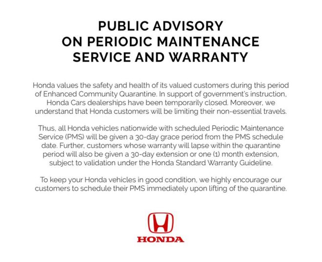 Honda Cars PH extends PMS, warranty on affected customers image