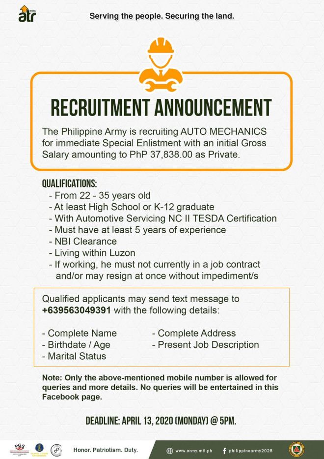 Philippine Army is in need of qualified auto mechanics image