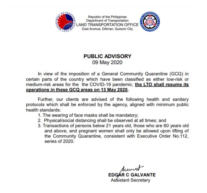 LTO to resume operations in GCQ areas starting May 13 image