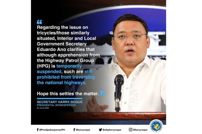 Whoops! Tricycles are still banned national highways, says Malacanan image