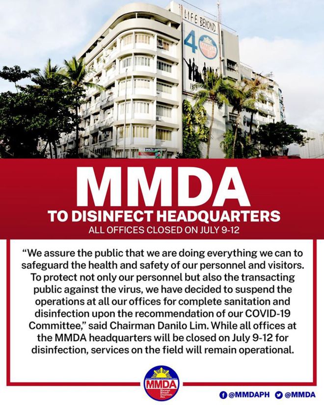 All MMDA offices to be temporarily closed for disinfection image