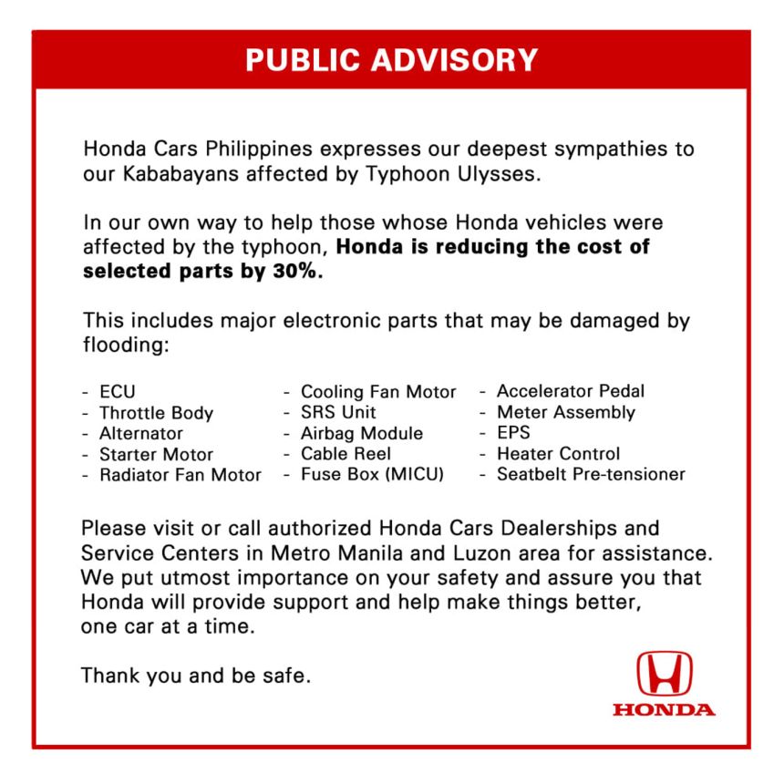 Honda PH is reducing prices of parts for flooded cars image