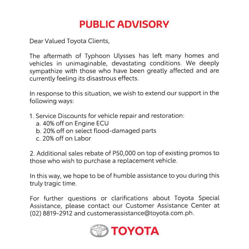 Toyota PH offers discounts on parts, labor for flooded cars image