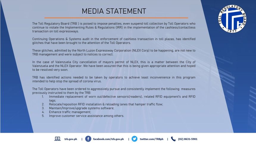 TRB threatens to suspend toll collection of expressways with faulty RFID image