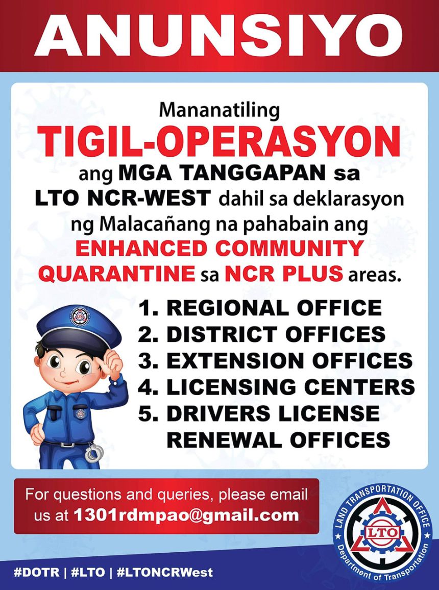LTO offices to remain close during extended ECQ image