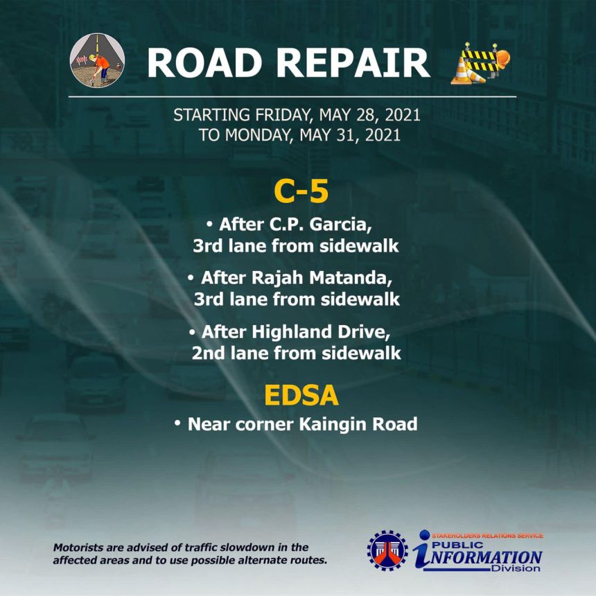 Heads up: DPWH to conduct road repairs on EDSA, C5 this weekend image