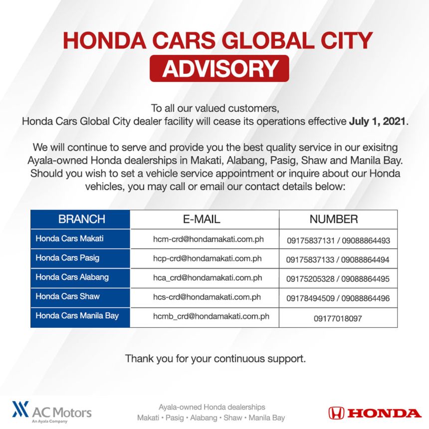 Honda Cars BGC dealership to close July 1, 2021 image