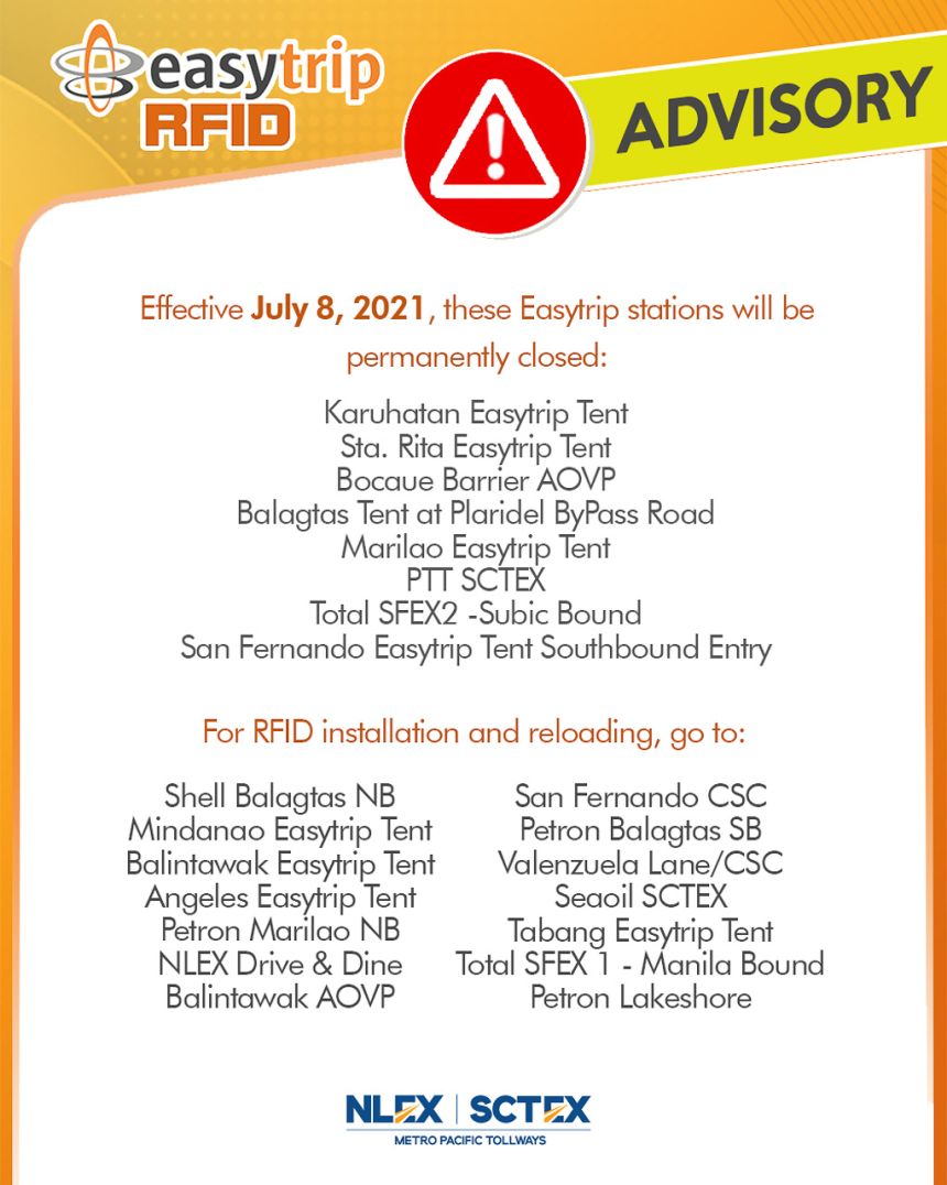 These EasyTrip RFID stations will be closed starting tomorrow image