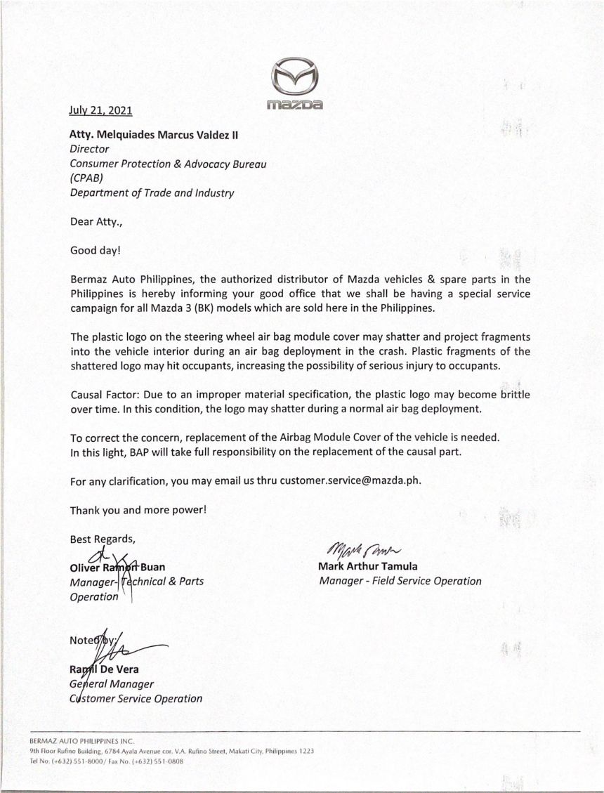 DTI Recall Alert: First gen Mazda3 has frangible steering wheel emblem image