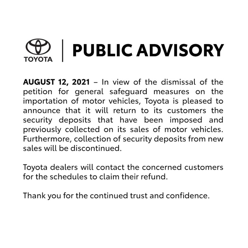 Toyota dealers will contact customers to refund security deposits image