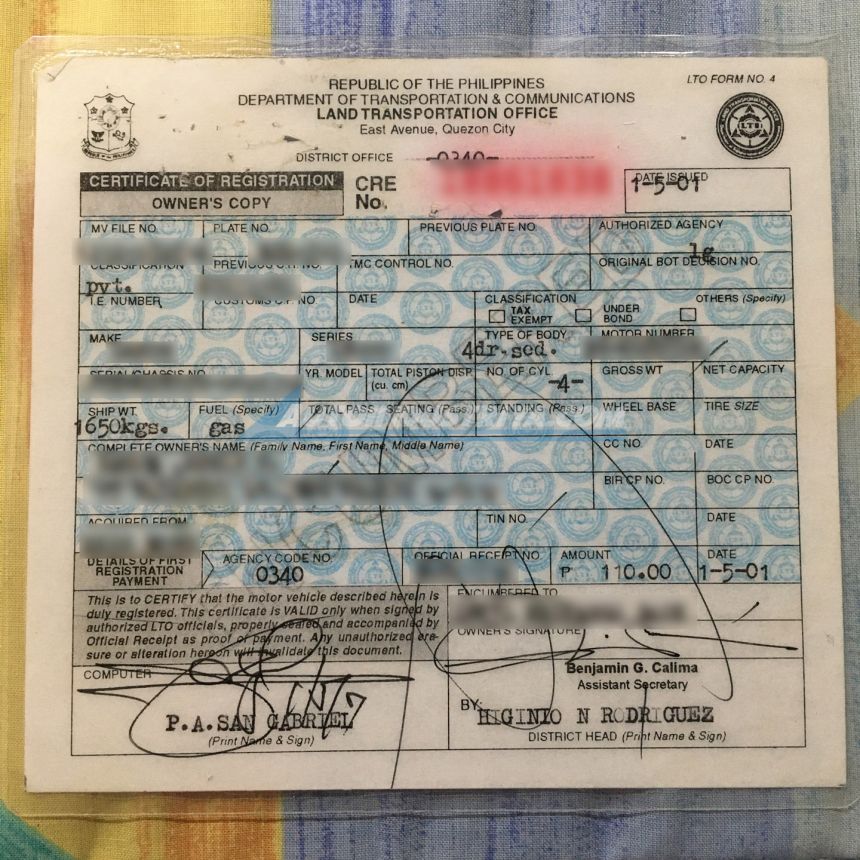 New LTO Certificate of Registration is on larger paper image