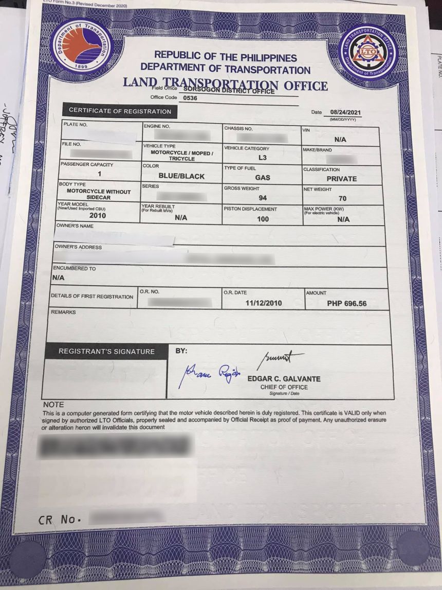 New LTO Certificate of Registration is on larger paper image