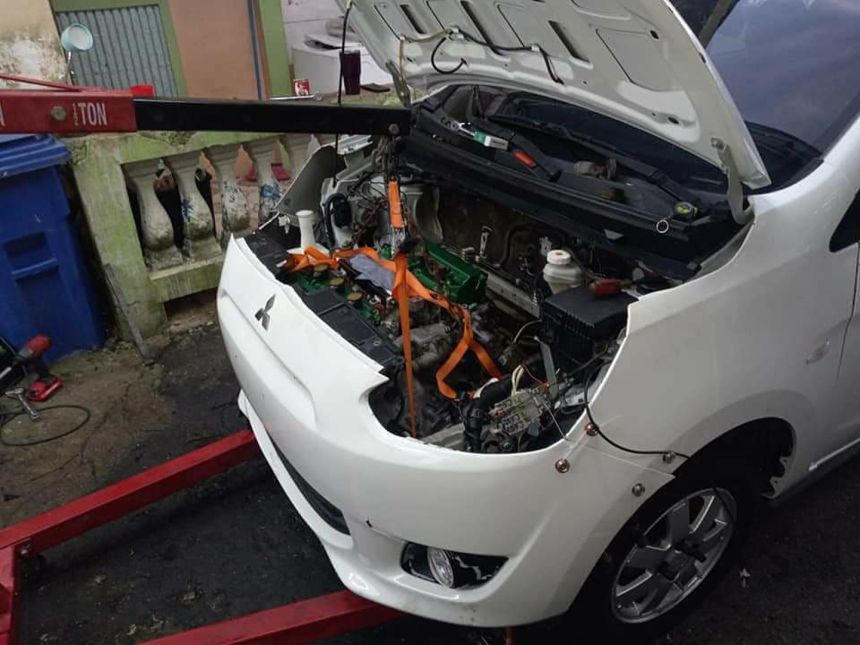 Someone is swapping a Montero V6 into a Mitsubishi Mirage image