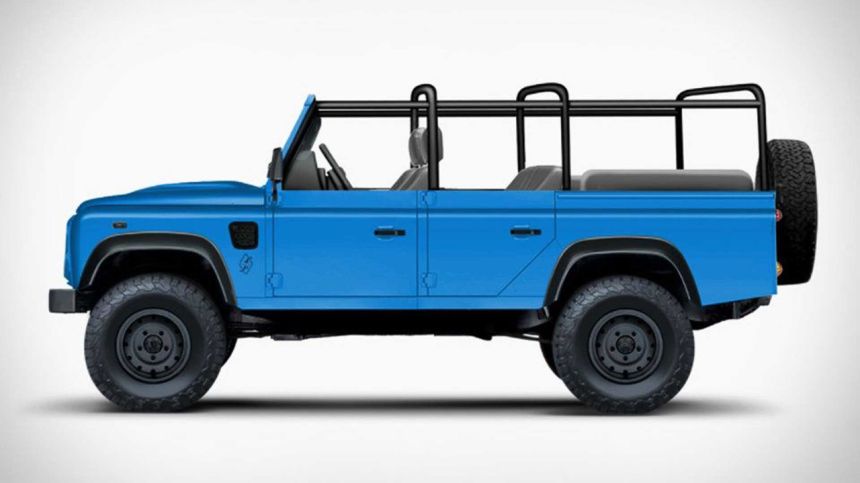 This classic Defender is actually a Jeep Wrangler image