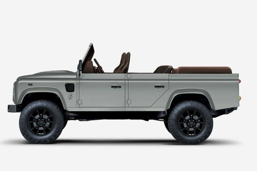 This classic Defender is actually a Jeep Wrangler image