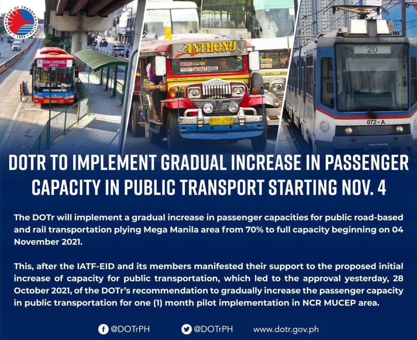 DOTr: PUVs allowed operate at 70% capacity starting Nov. 4 image