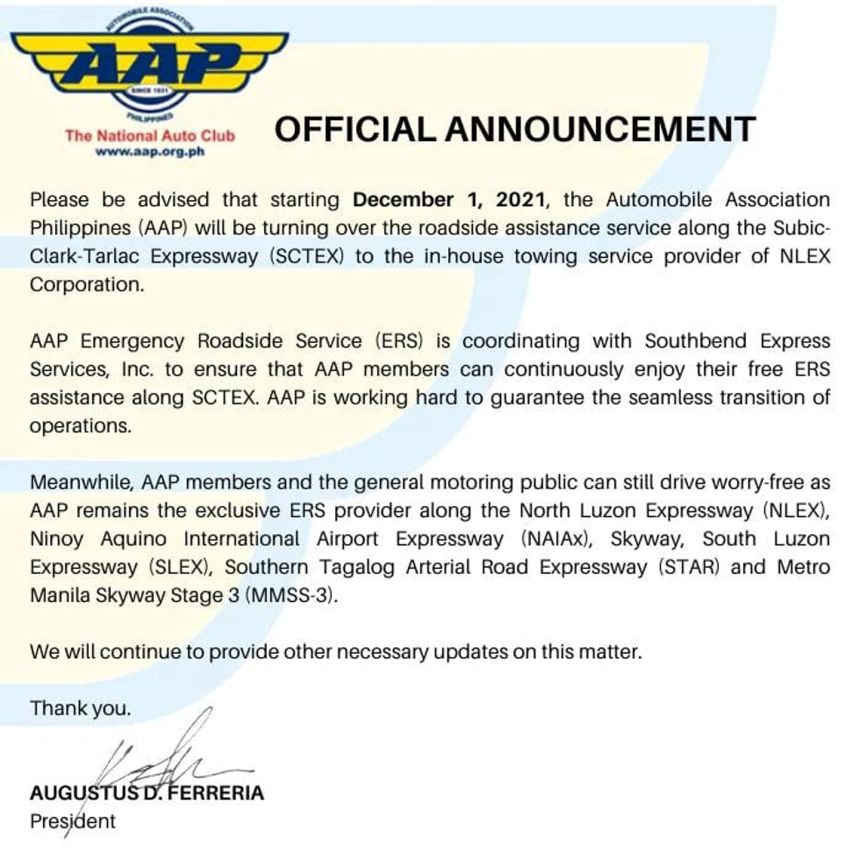 AAP will stop towing services along SCTEX on Dec. 1 image