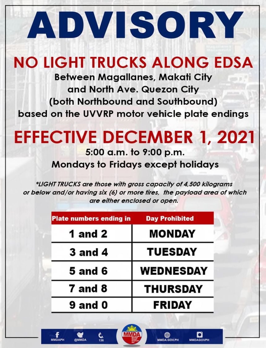 Light trucks passing through EDSA now have &ldquo;coding&rdquo; too image