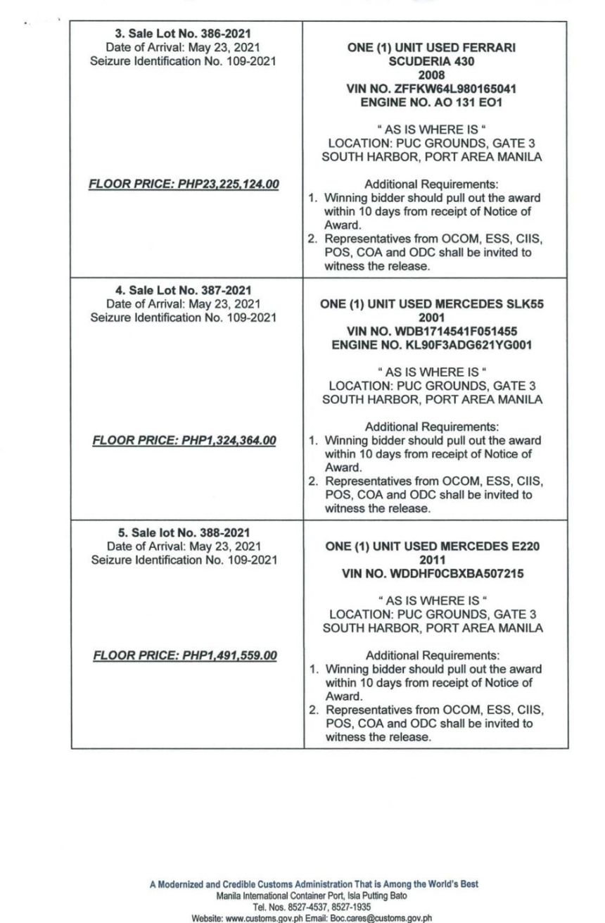 BOC finally auctioning off smuggled sports cars image