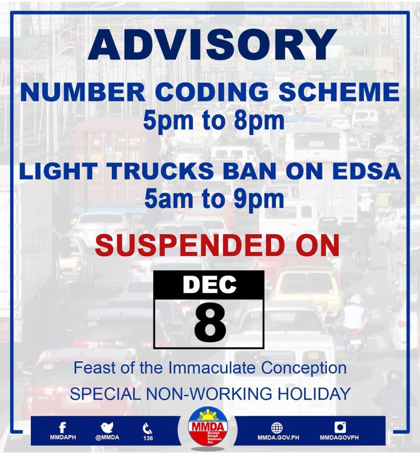 MMDA: Number coding scheme suspended on Dec 8 image