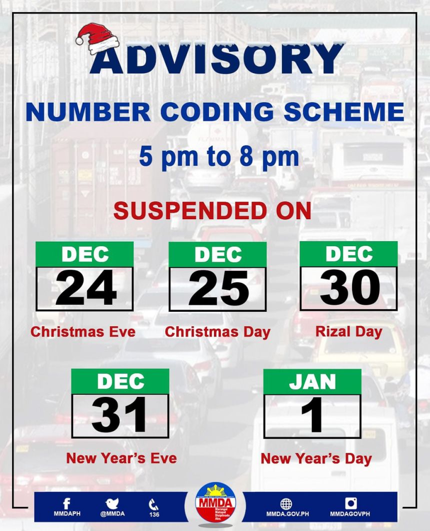 Number coding scheme suspended on Dec 24, 30 and 31 image