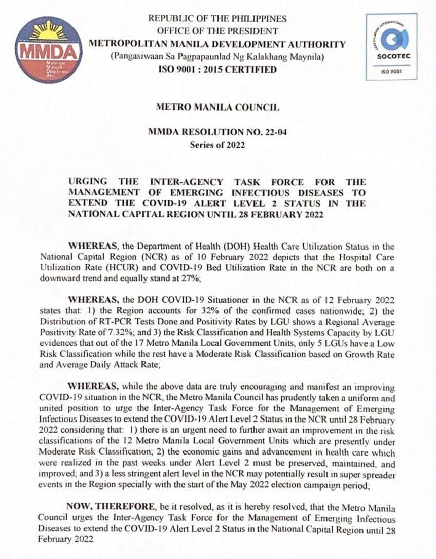 Metro Manila Mayors to extend Alert Level 2 until Feb. 28 image