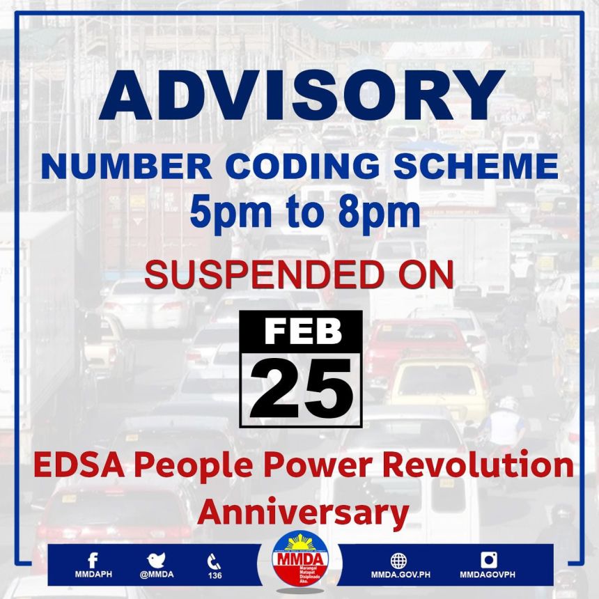 MMDA: Number coding scheme suspended on February 25 image