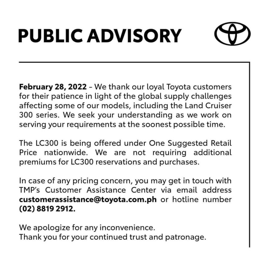 Toyota PH says no extra charges on Land Cruiser 300 image
