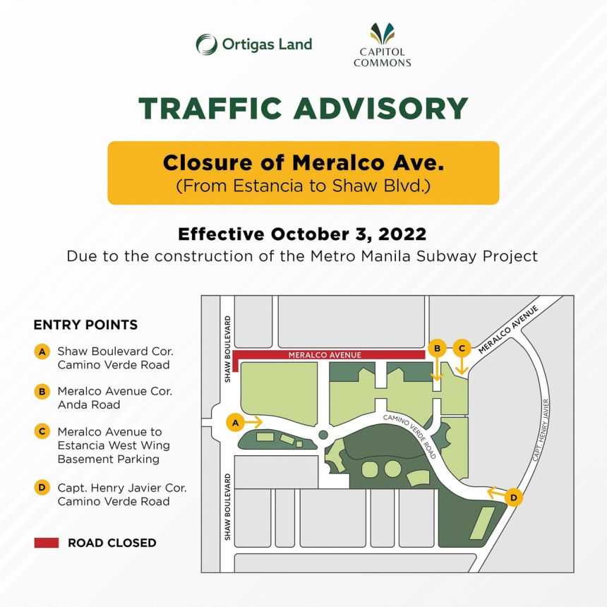 Heads up: Meralco Avenue fronting Estancia closed starting Oct 3 image