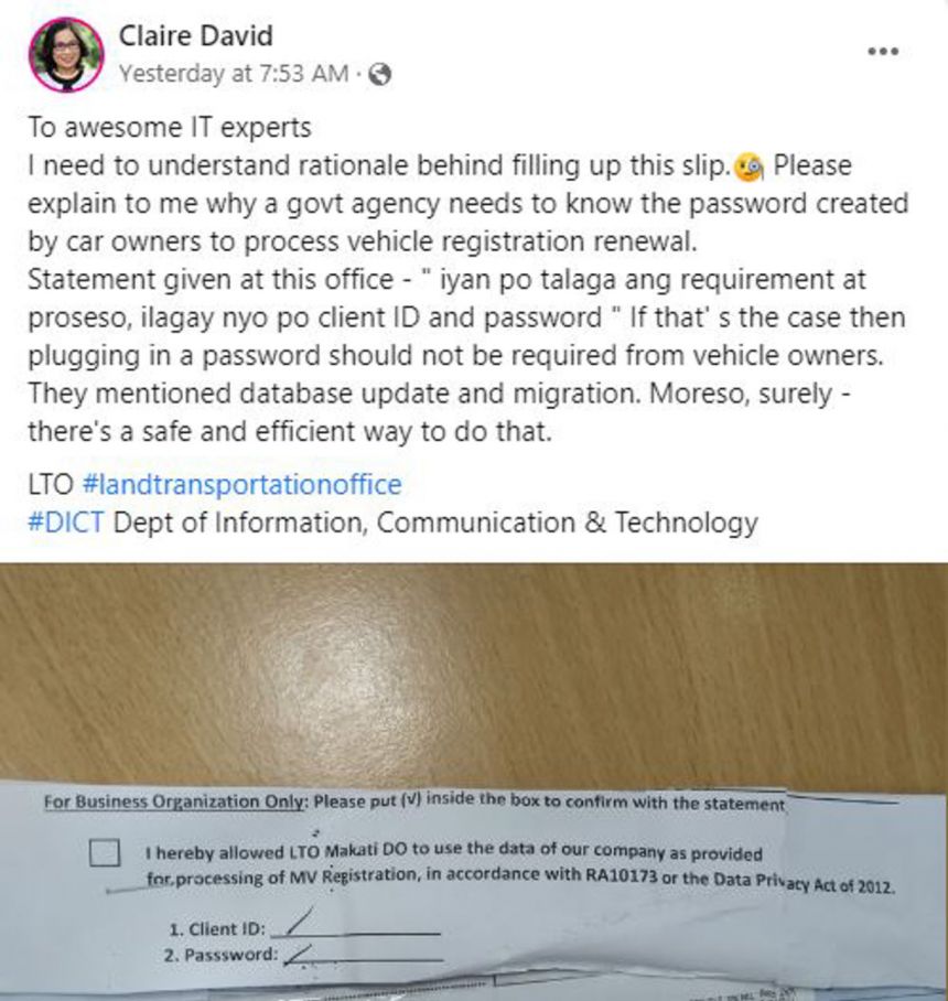Why is the LTO requiring motorists to bare LTMS Portal password? image