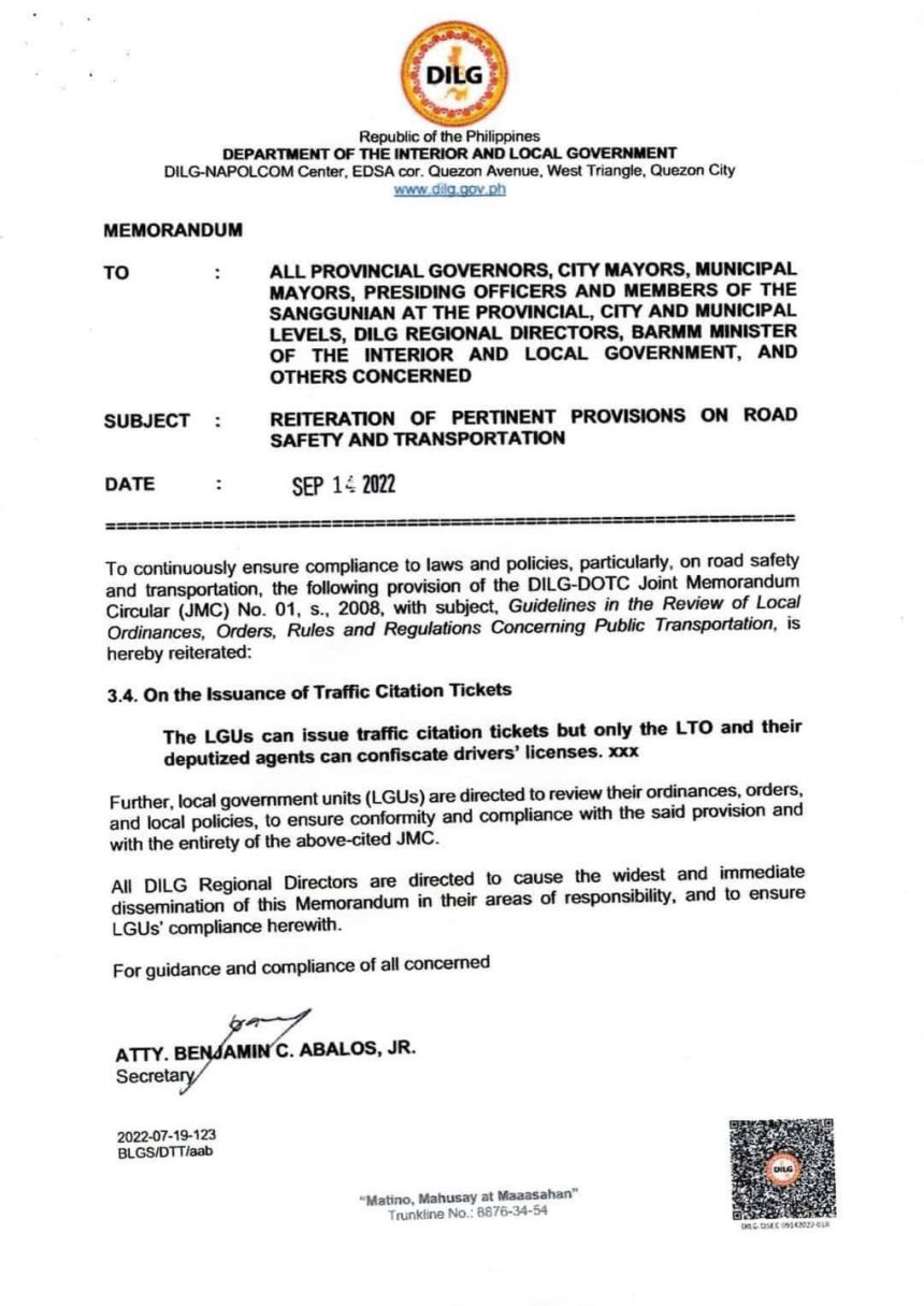 DILG to LGUs: Only LTO can confiscate driver's licenses image