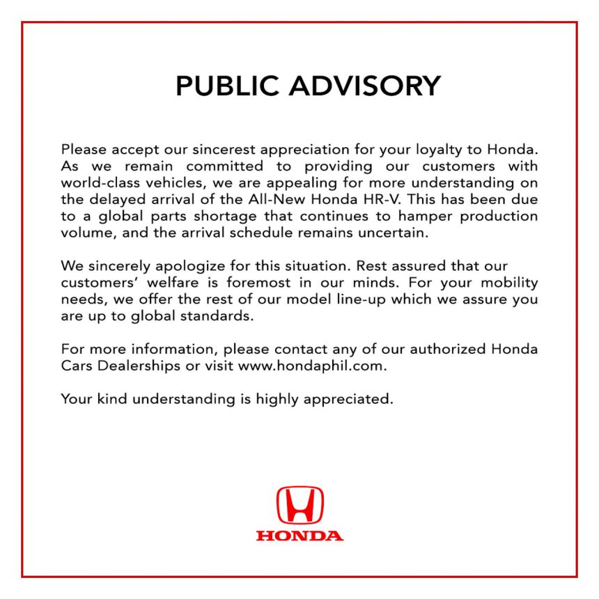Honda Cars PH: Parts shortage causing HR-V delivery delays image