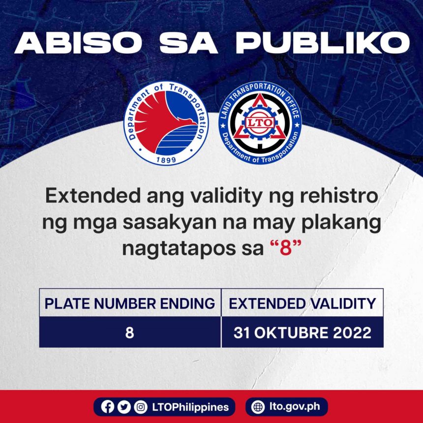 LTO: Plates ending in 8 can renew without penalty until Oct 31 image