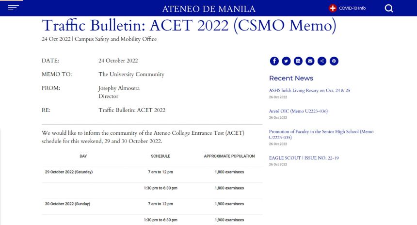 Expect heavy traffic along Katipunan Ave due to Ateneo entrance exam image