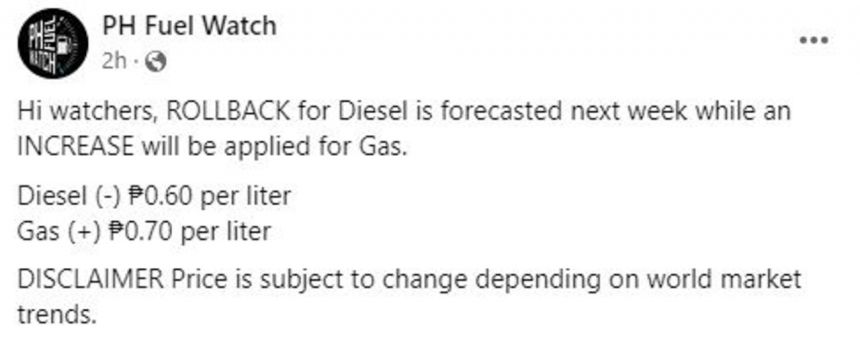 Fuel Forecast: Possible rollback on diesel, price hike for gas next week image