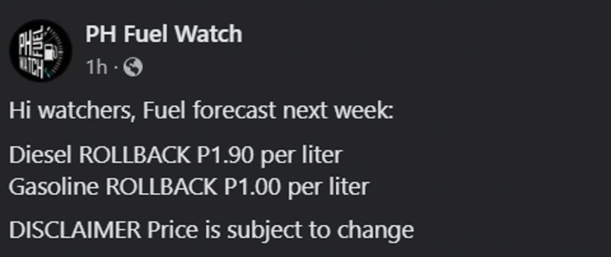 Gasoline, diesel prices expected to roll back next week image