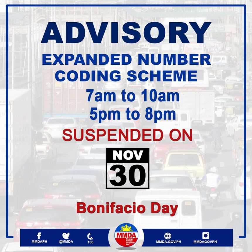 No number coding on November 30, Bonifacio Day image