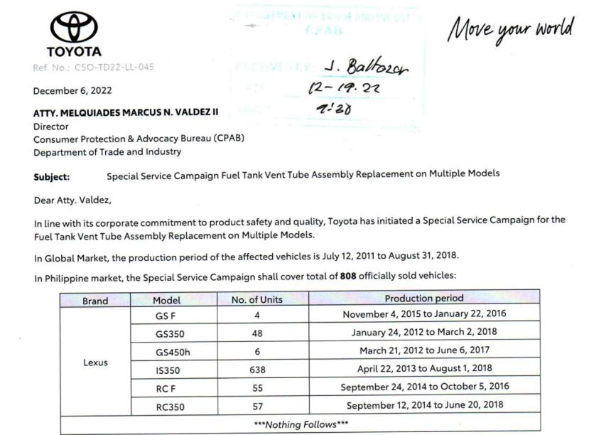Lexus PH recalls over 800 vehicles due to fuel leak image