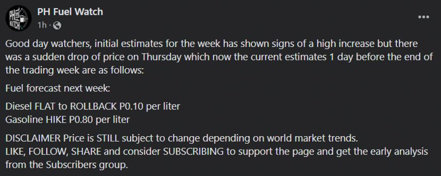 Fuel forecast: Diesel roll back PHP 0.10, gas goes up PHP 0.80 image