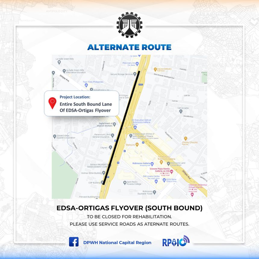 EDSA-Ortigas Southbound flyover closed from April 6 &ndash; 10 image