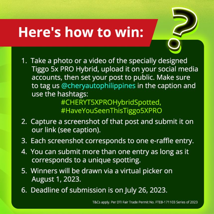 Chery PH giving exciting prizes in &ldquo;Spot That Tiggo Hybrid&rdquo; promo image