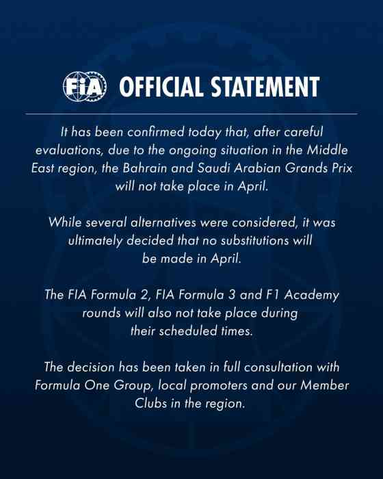 F1 cancels 2026 Bahrain & Saudi Arabian GPs due to Middle East tensions F1 cancels 2026 Bahrain & Saudi Arabian GPs due to Middle East tensions image