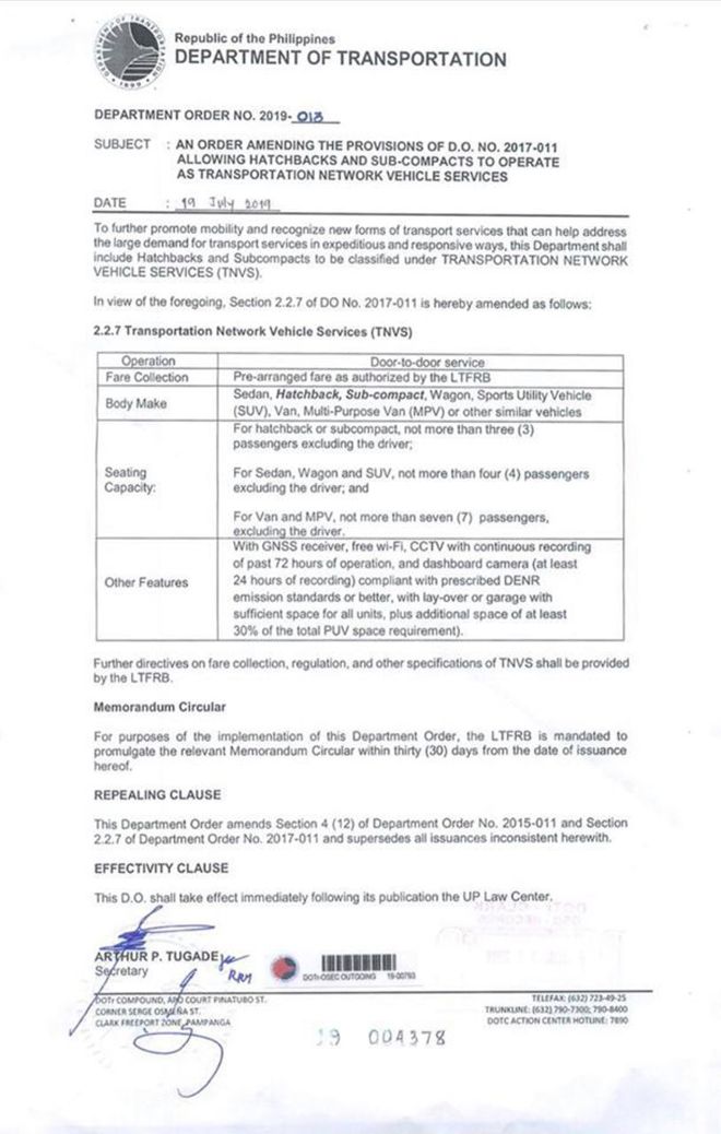 DOTr: Hatchbacks, sub-compacts permanently allowed as TNVS image