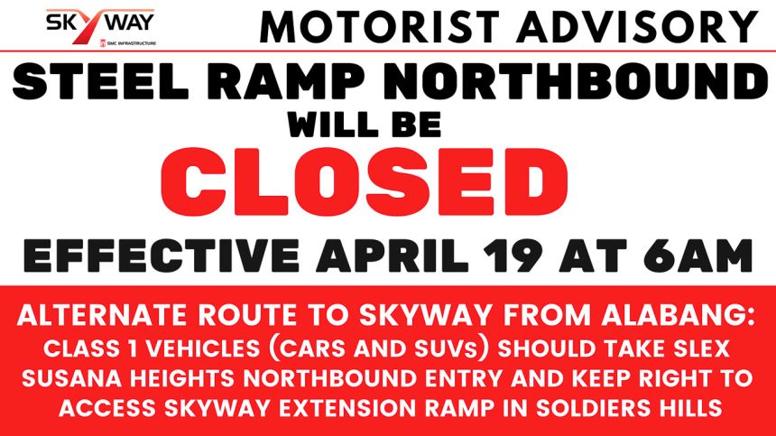 Northbound Skyway steel ramp near SLEX-Alabang to be closed April 19 image